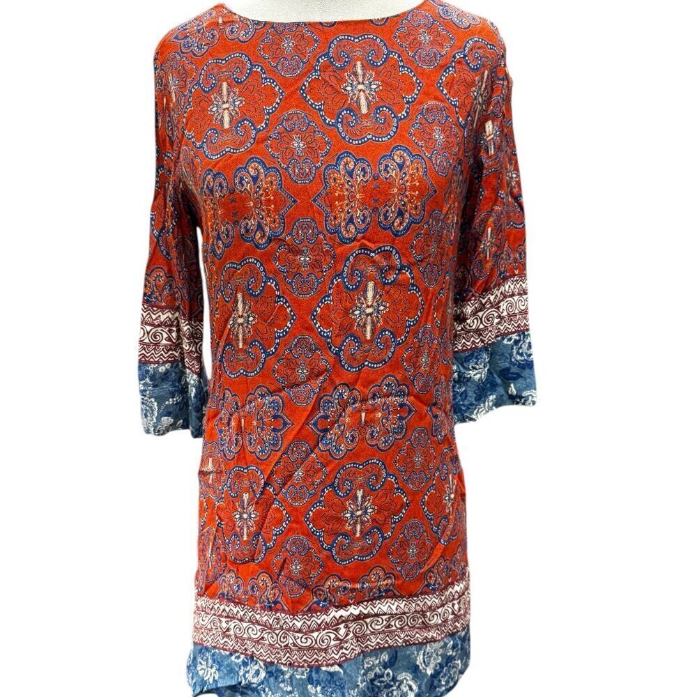 Desigual Tina Dress — Red/Blue Paisley Print Mini Shift — Size 38 (S/M) — 3/4 Sl